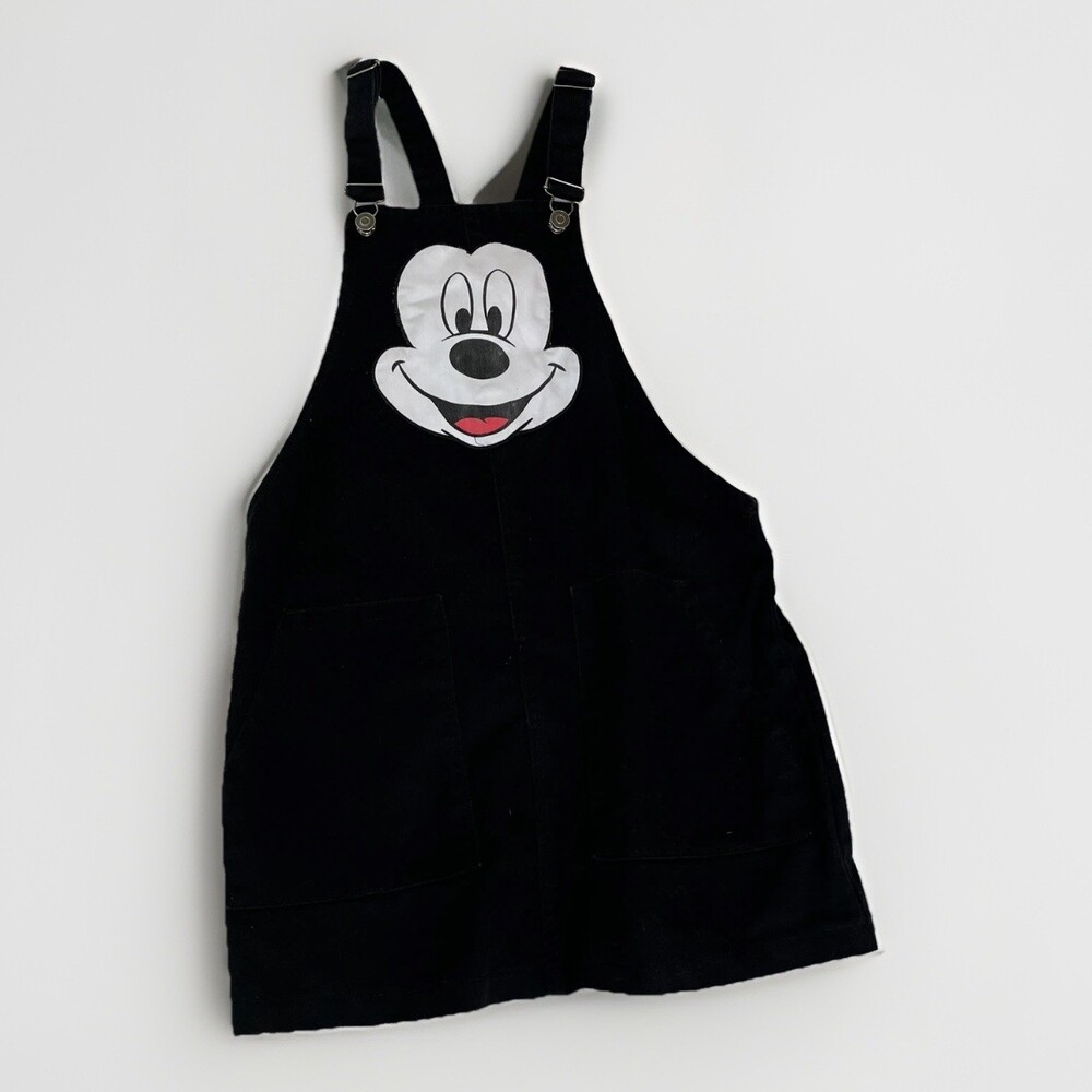 Disney Mickey Mouse Overall Pinafore Dress Womens S Black Twill Pockets Graphic